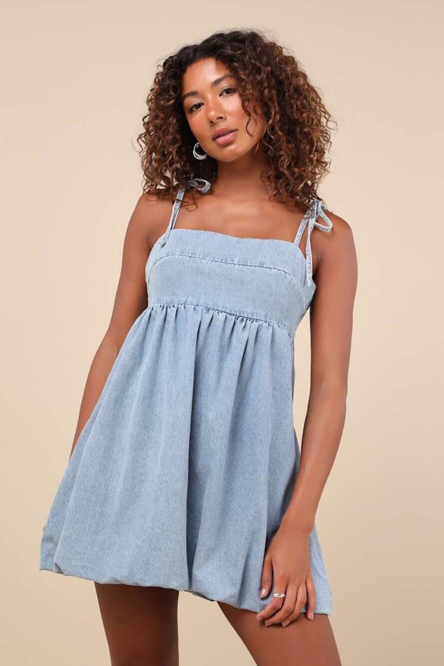NWT Lulus Charmed Aura Light Denim Tie-Strap Bubble-Hem Mini Dress Babydoll Sz S